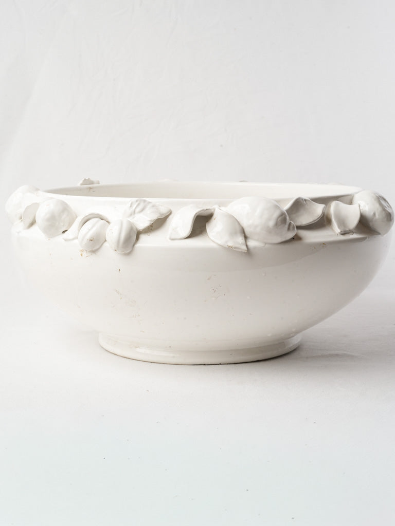 Large French White Faience Centerpiece Bowl w/ Fruit Decoration - 20"