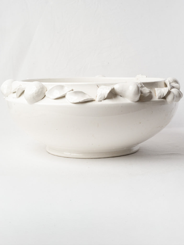 Large French White Faience Centerpiece Bowl w/ Fruit Decoration - 20"