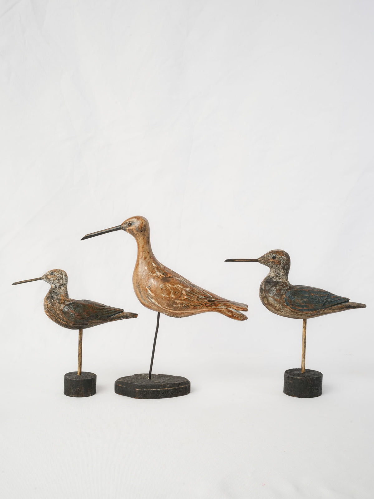 Set of Three Vintage Painted Wooden Shorebird Sculptures
