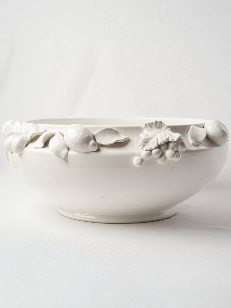 Large French White Faience Centerpiece Bowl w/ Fruit Decoration - 20"