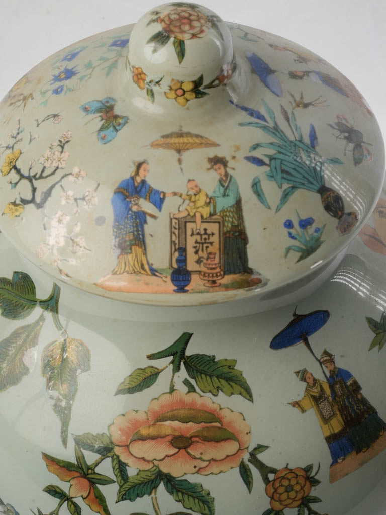 19th Century Italian Arte Povera Glass Jar w/ Polychrome Chinese Inspired Decoration - 15"