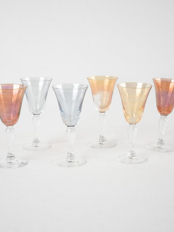 6 multicolor liqueur glasses - 1950s - 4"