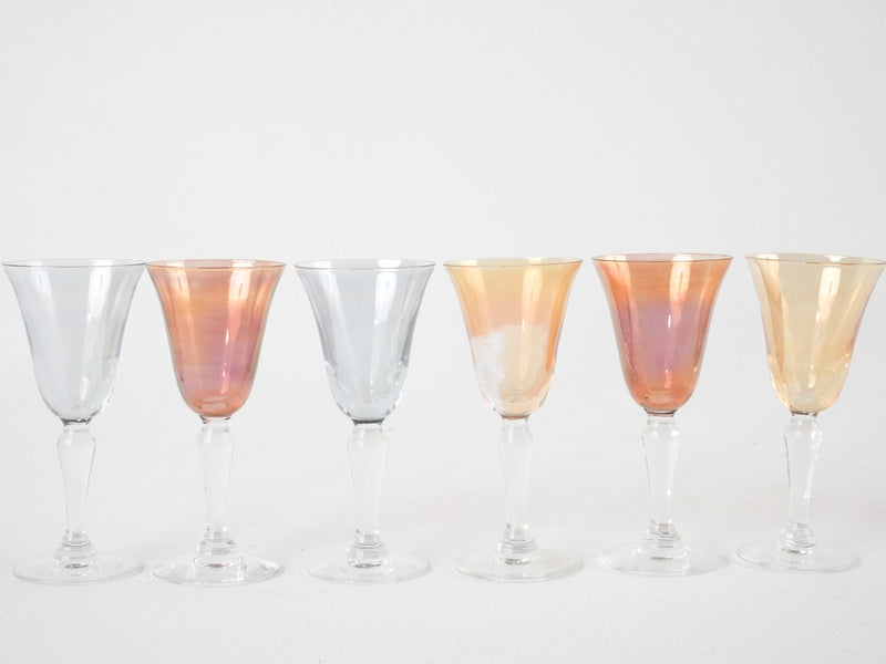 6 multicolor liqueur glasses - 1950s - 4"