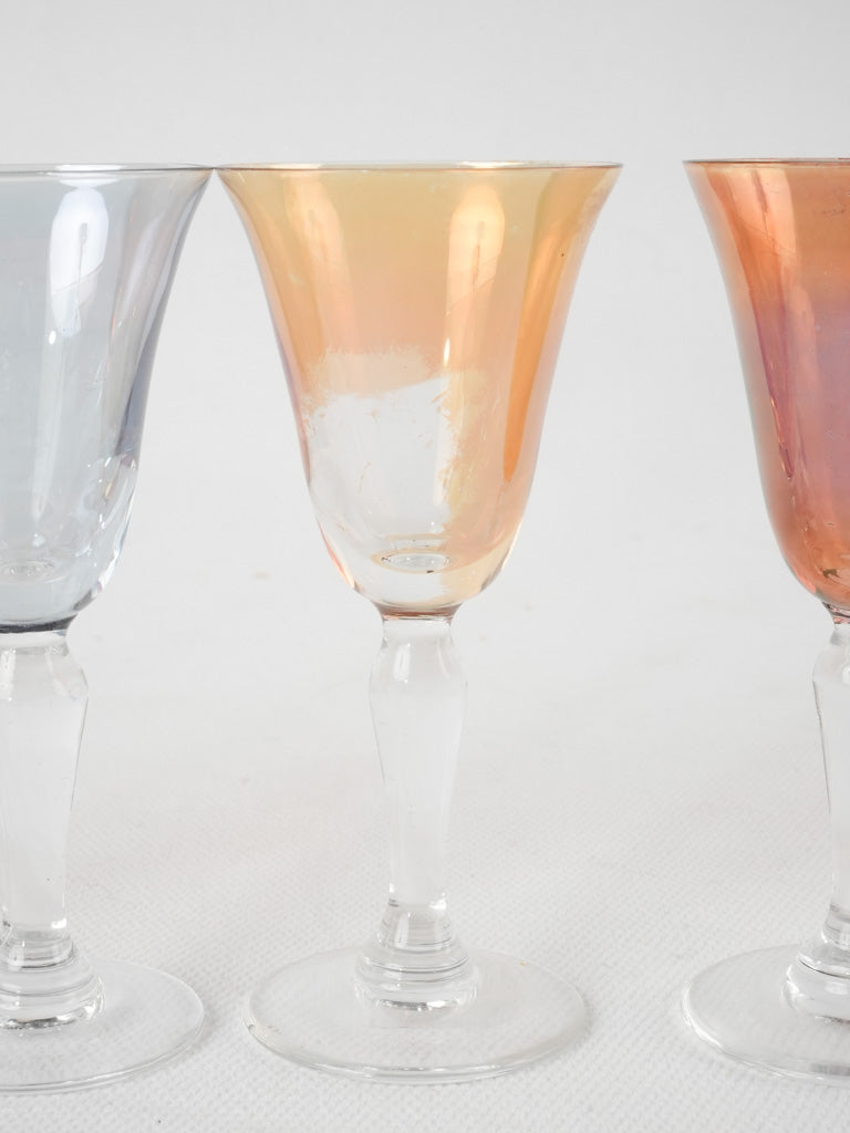 6 multicolor liqueur glasses - 1950s - 4"
