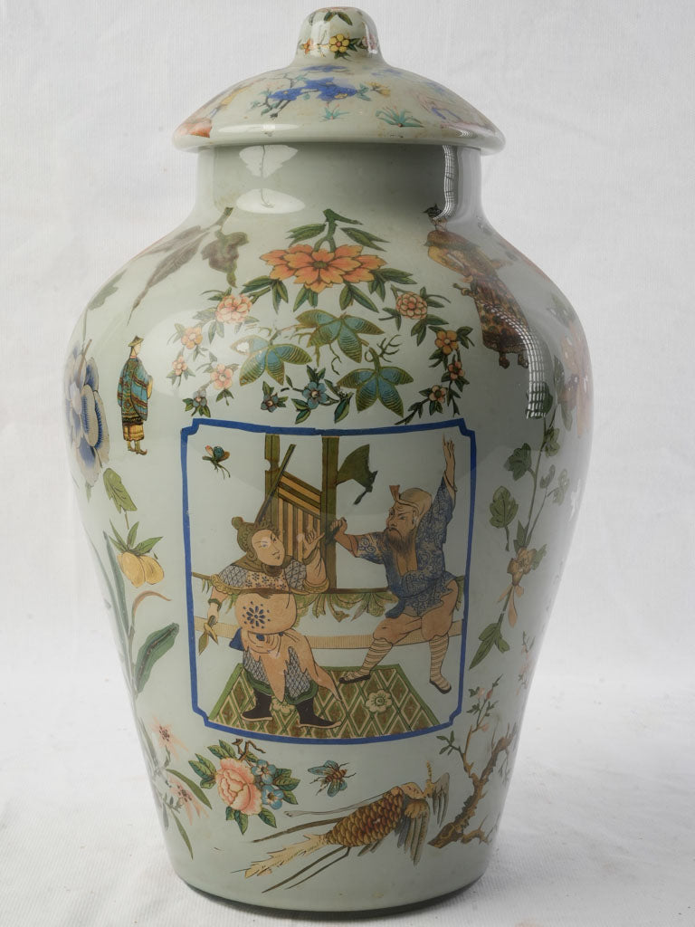 19th Century Italian Arte Povera Glass Jar w/ Polychrome Chinese Inspired Decoration - 15"
