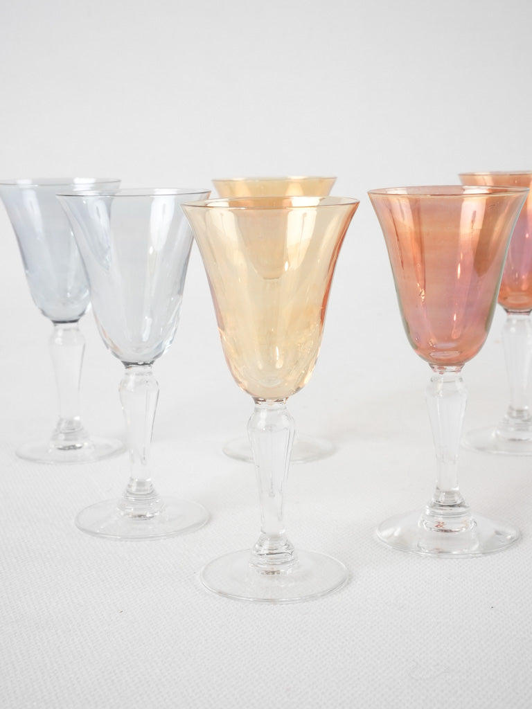 6 multicolor liqueur glasses - 1950s - 4"