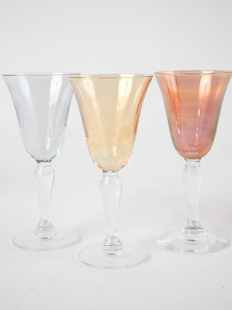 6 multicolor liqueur glasses - 1950s - 4"