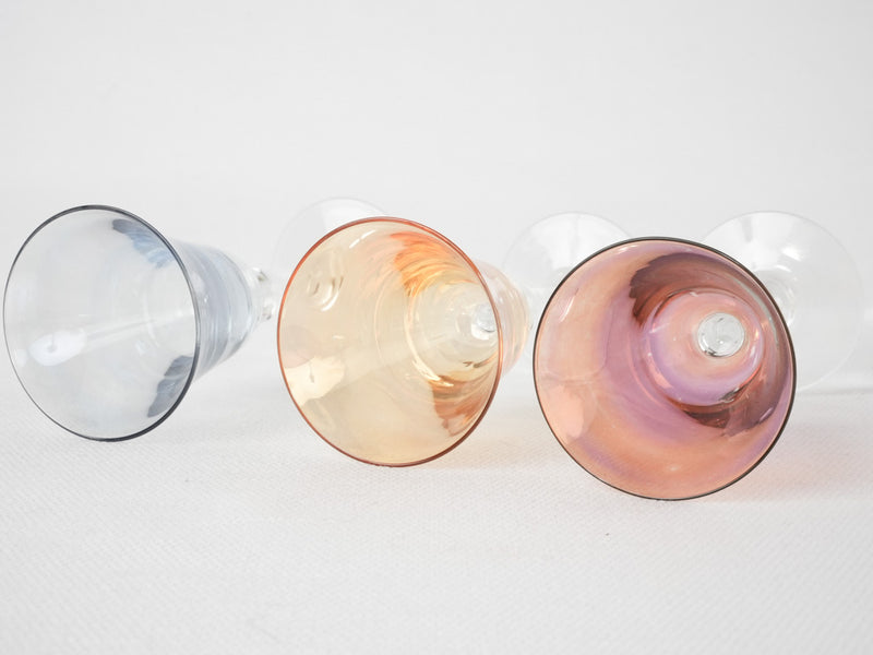 6 multicolor liqueur glasses - 1950s - 4"