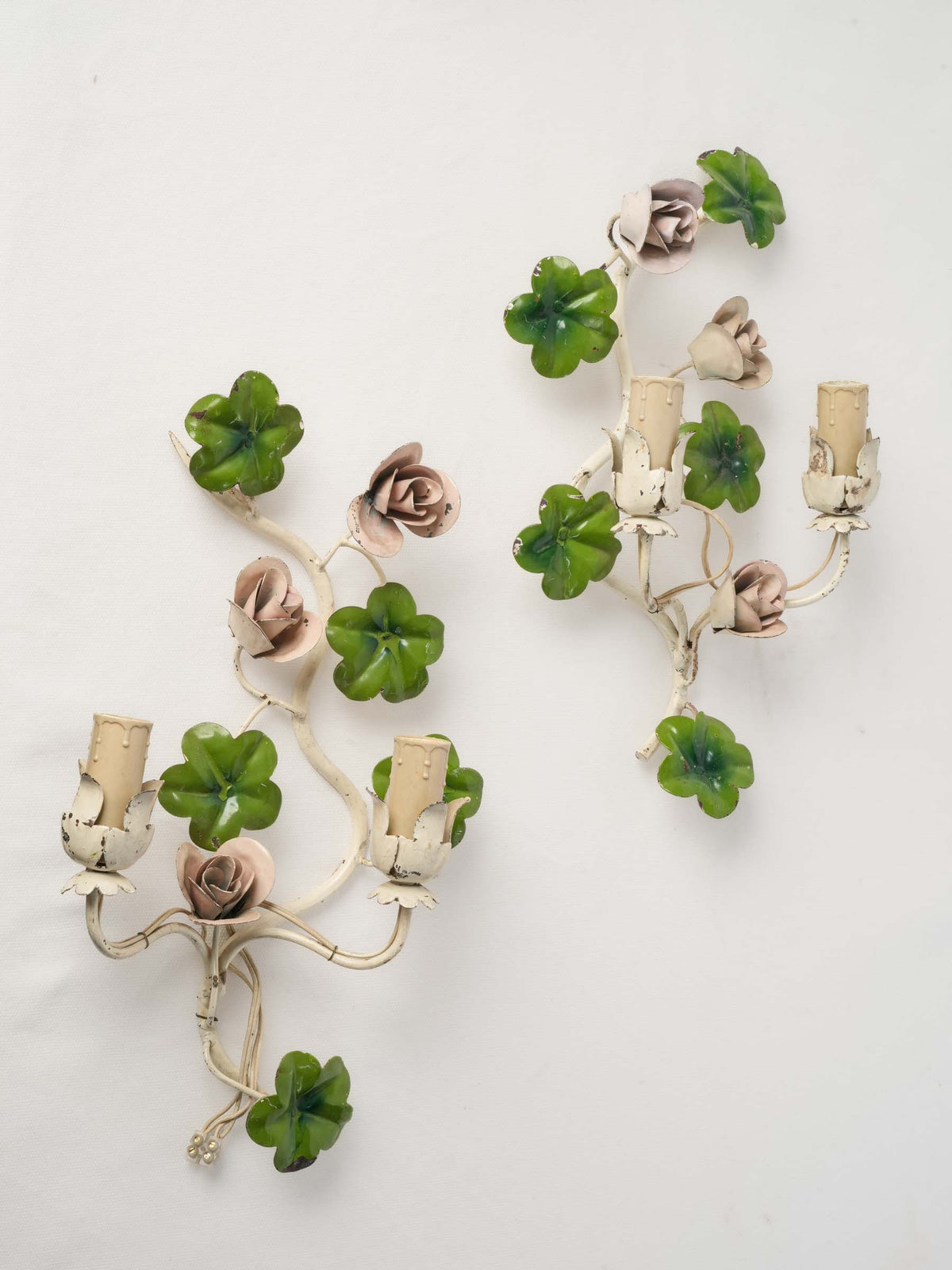 Pair of 1950s–60s Floral Toleware Wall Sconces - 15¼"