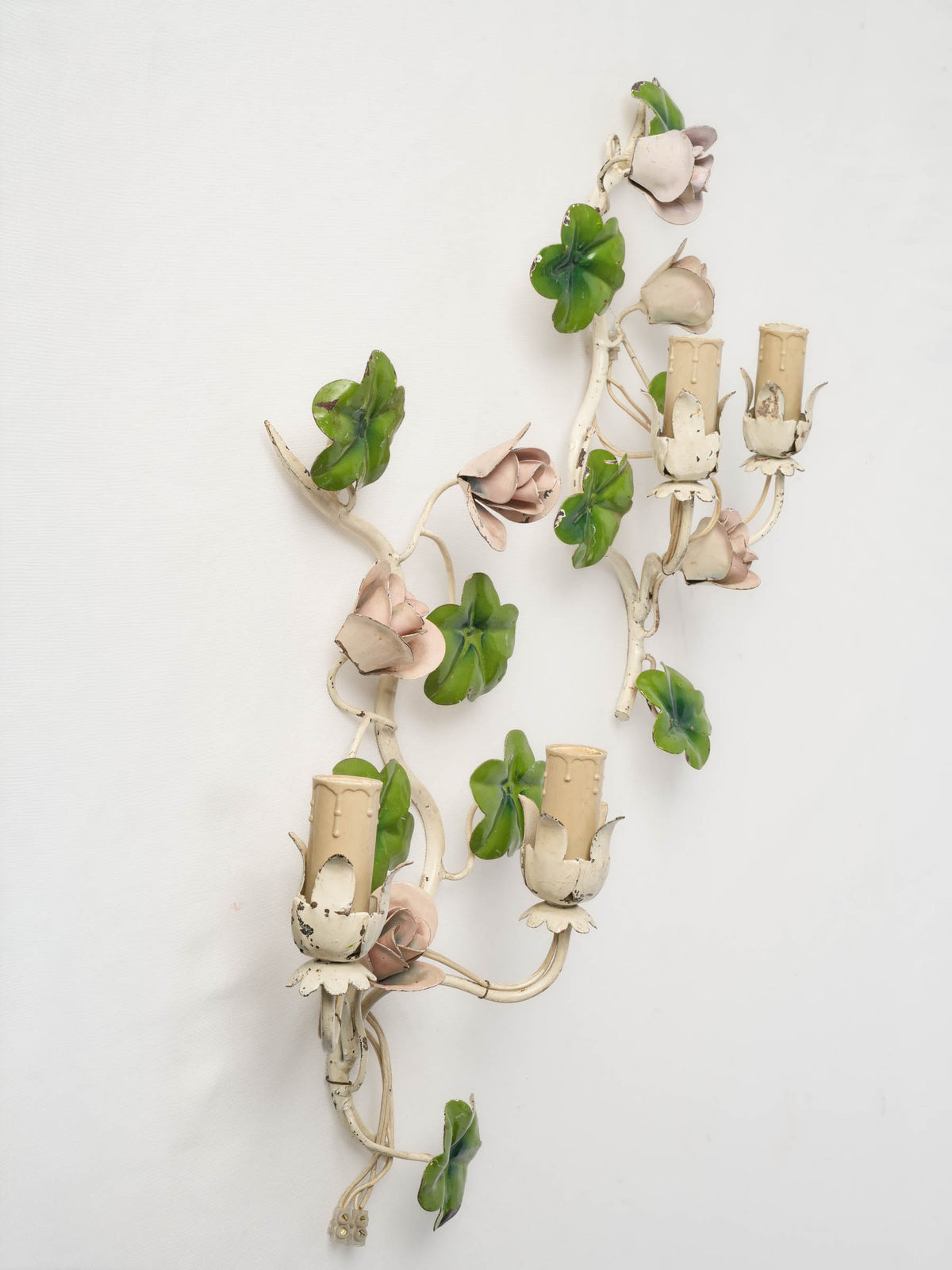 Pair of 1950s–60s Floral Toleware Wall Sconces - 15¼"