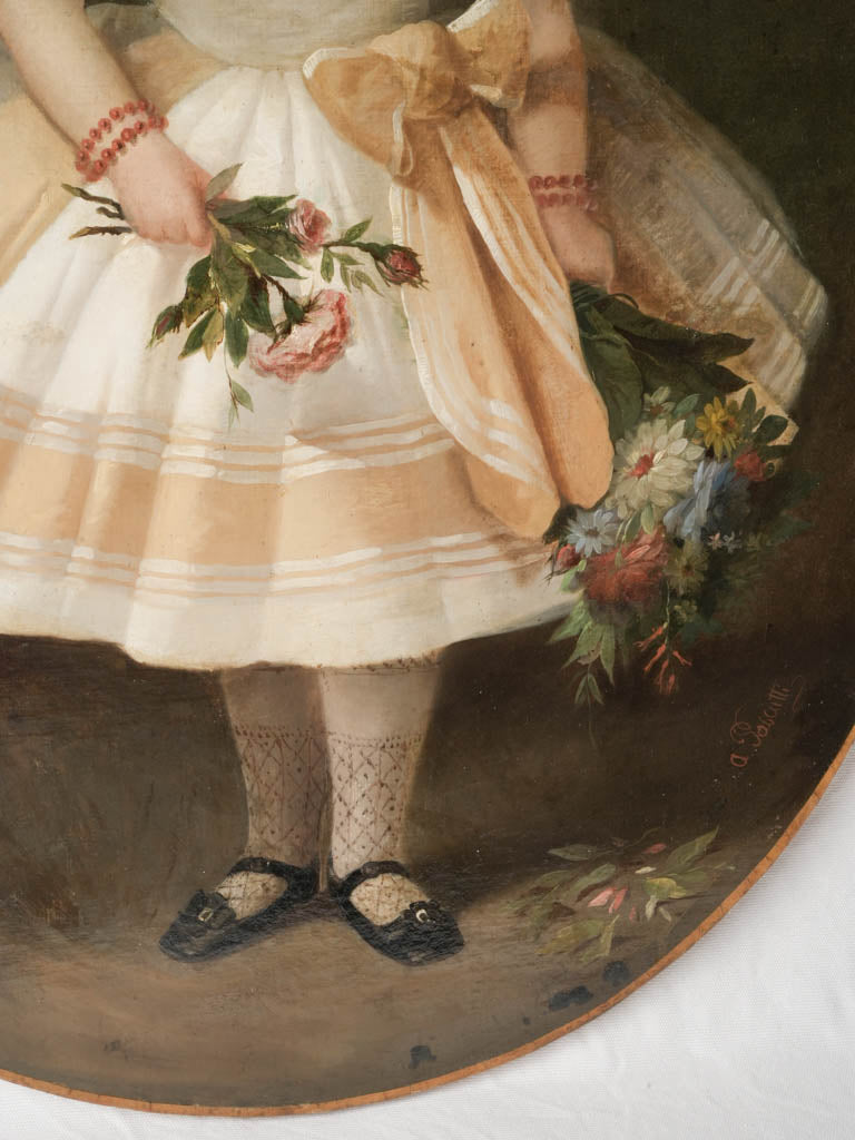 Exceptional Oval Portrait of a Young Girl with Flowers by Antonio Pascutti (1832-1892) - 36½" x 28¼"