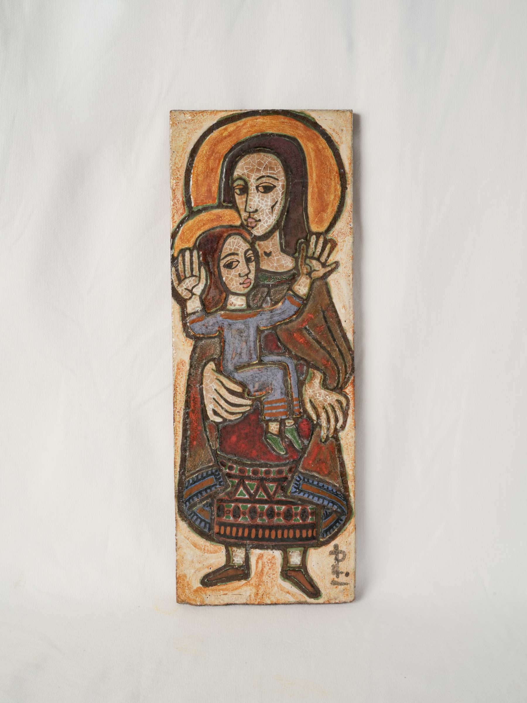 Mid 20th century terracotta plaque virgin & child, signed - 19" x 7"