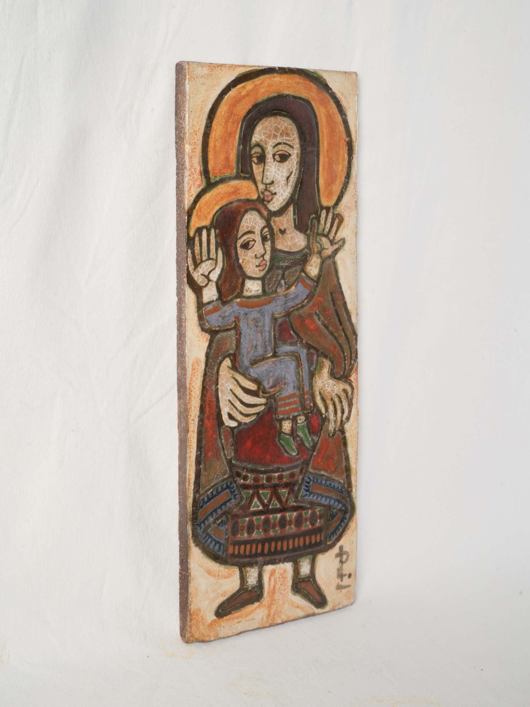 Mid 20th century terracotta plaque virgin & child, signed - 19" x 7"