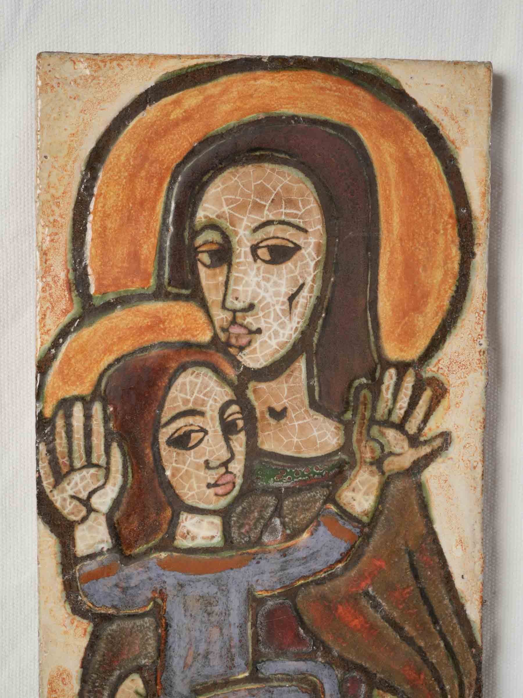 Mid 20th century terracotta plaque virgin & child, signed - 19" x 7"