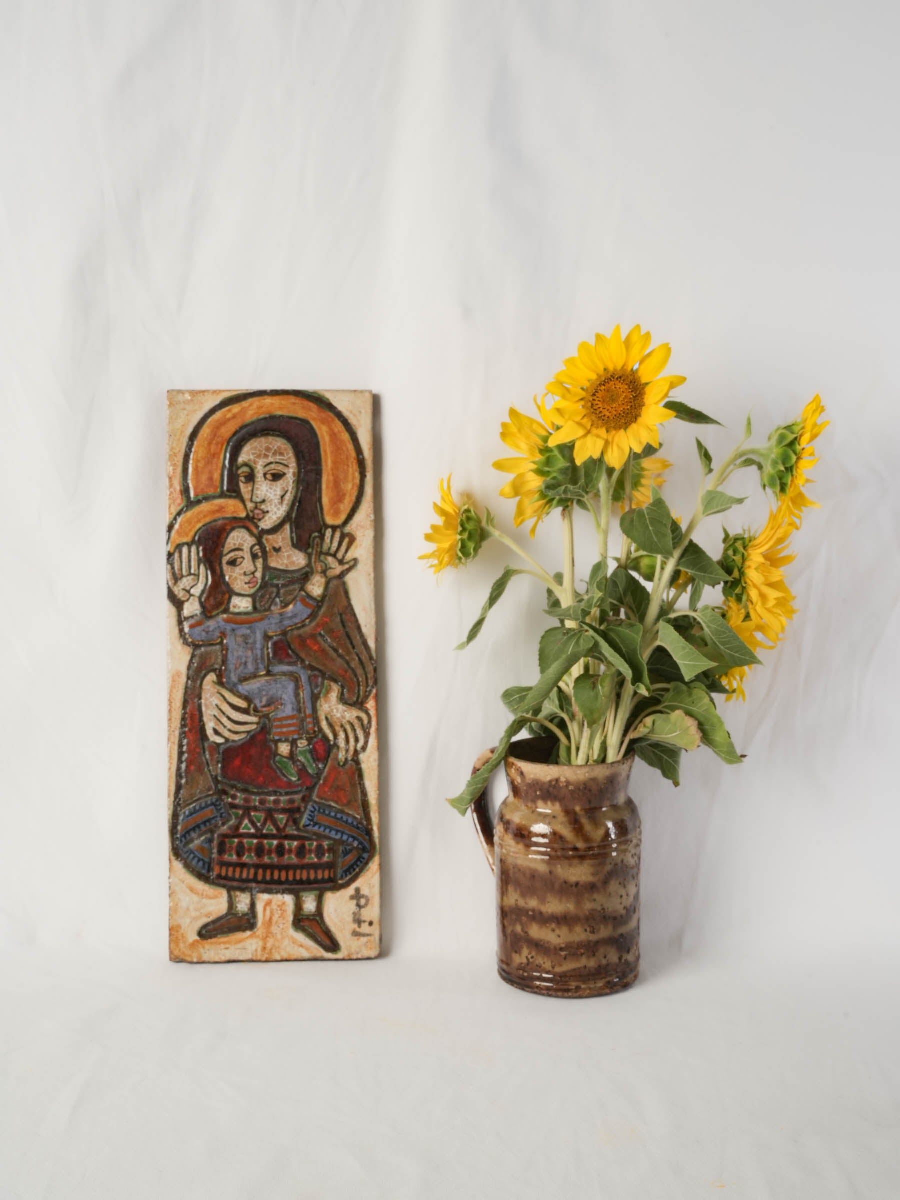 Mid 20th century terracotta plaque virgin & child, signed - 19" x 7"