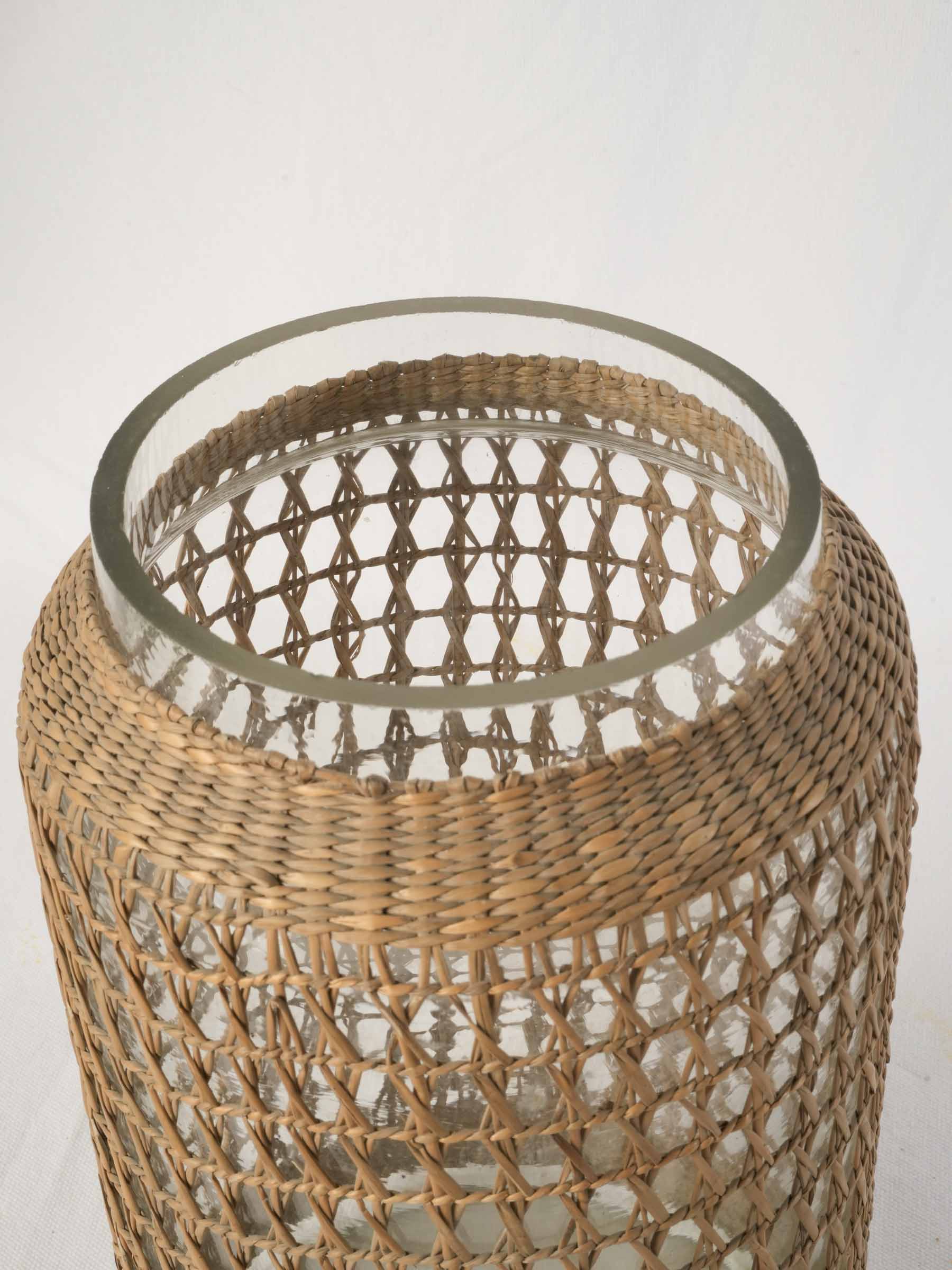 1960s rattan clad glass canister with aluminum lid - 15¾"