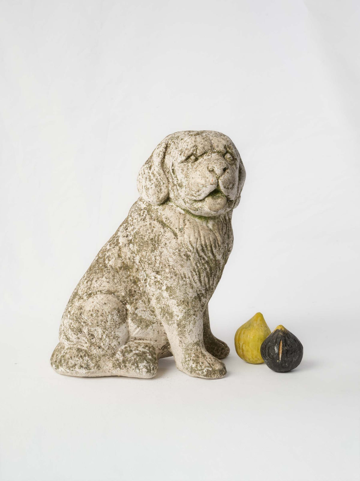 Vintage Cast-Stone Seated Dog Garden Sculpture w/ Mossy Patina - 14½"