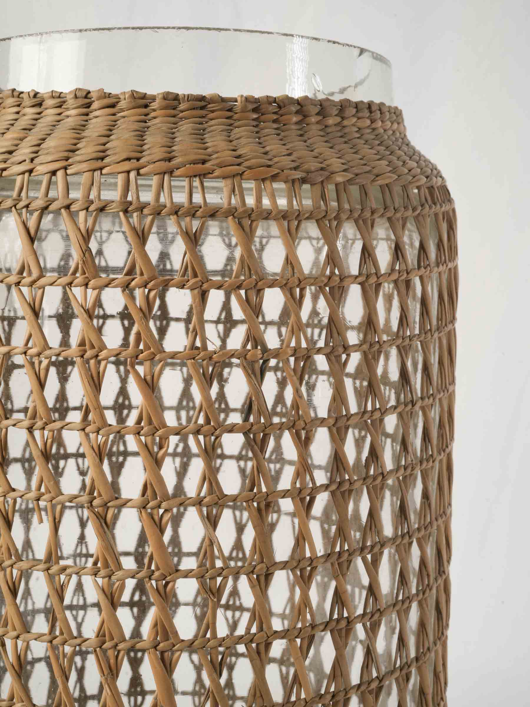 1960s rattan clad glass canister with aluminum lid - 15¾"