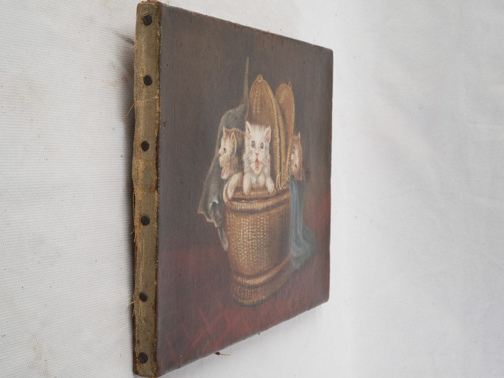 Petite Late 19th-Century French Oil on Canvas of Kittens in a Wicker B