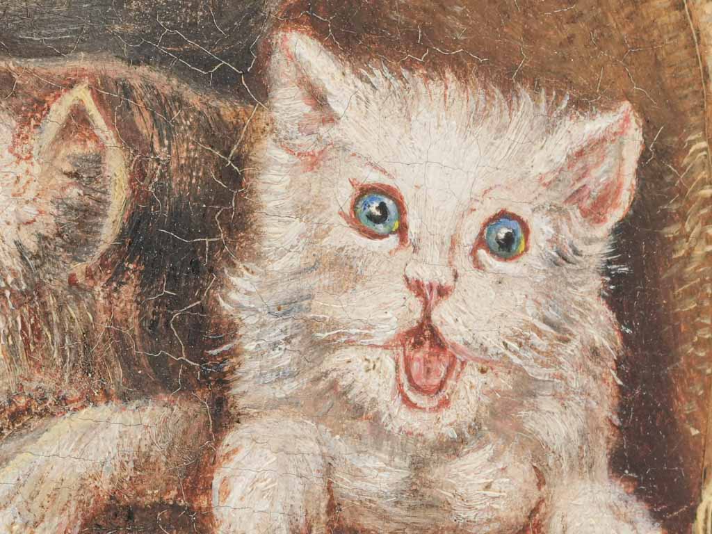 Un petit chaton　【油絵】 Petite Late 19th-Century French Oil on Canvas of Kittens in a Wicker B