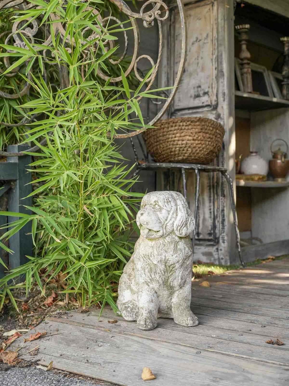 Vintage Cast-Stone Seated Dog Garden Sculpture w/ Mossy Patina - 14½"