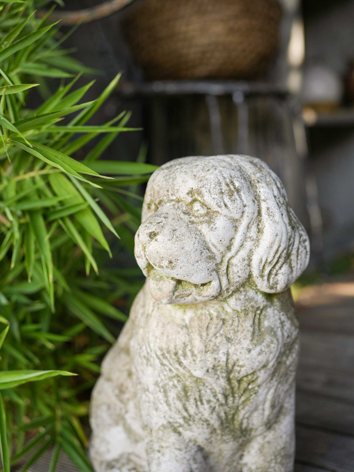 Vintage Cast-Stone Seated Dog Garden Sculpture w/ Mossy Patina - 14½"