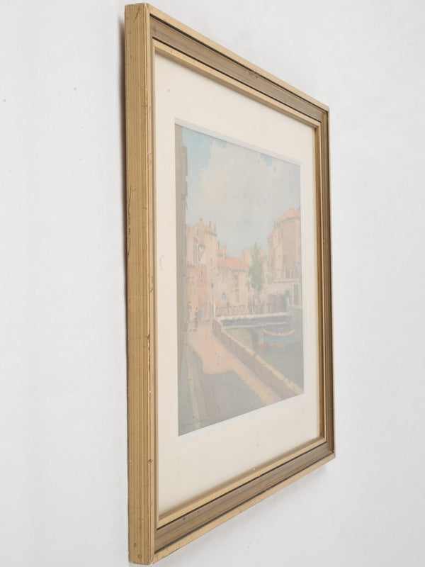 20th-century French watercolor of Provençal village w/ river & bridge by Casimir Raymond 17" x 20½"