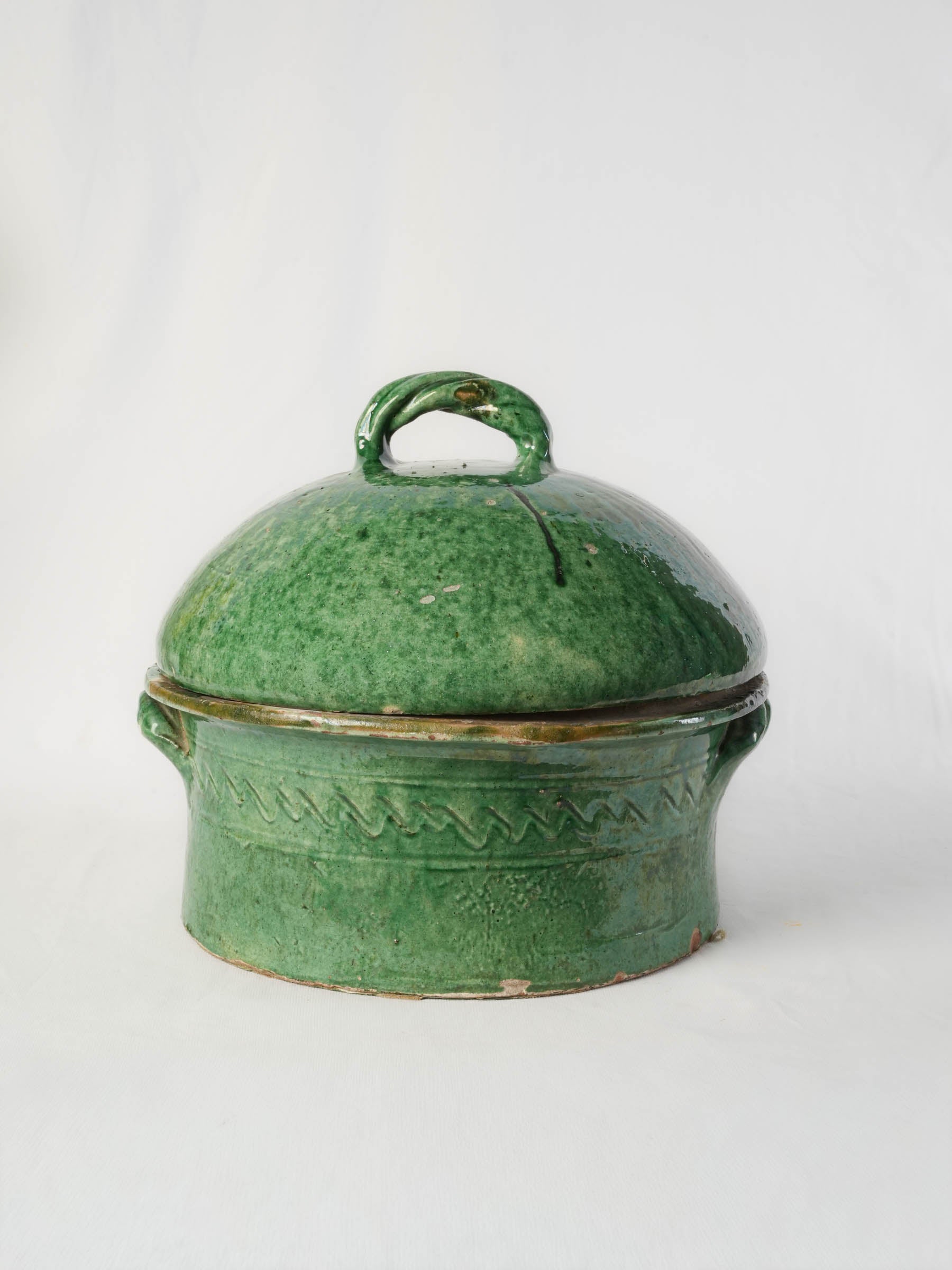Large & rare late 19th century Castelnaudary green glazed lidded cocotte
