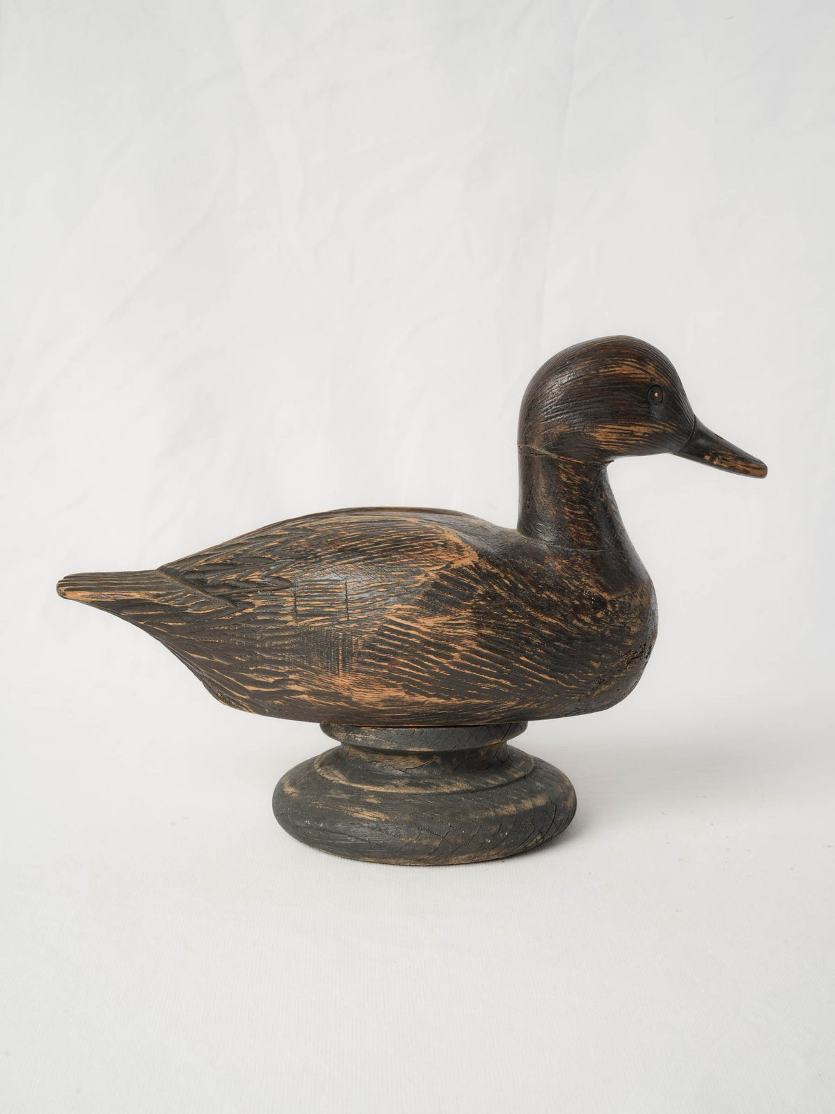 Mid-Century French Hand-Carved Wooden Duck Decoy on Base - 9½" x 13½"