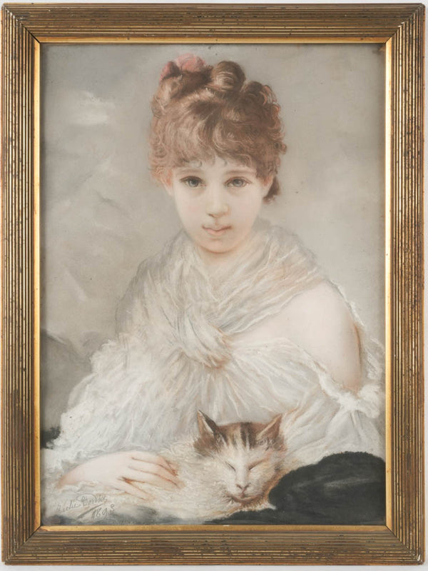 Vintage French pastel portrait with kitten