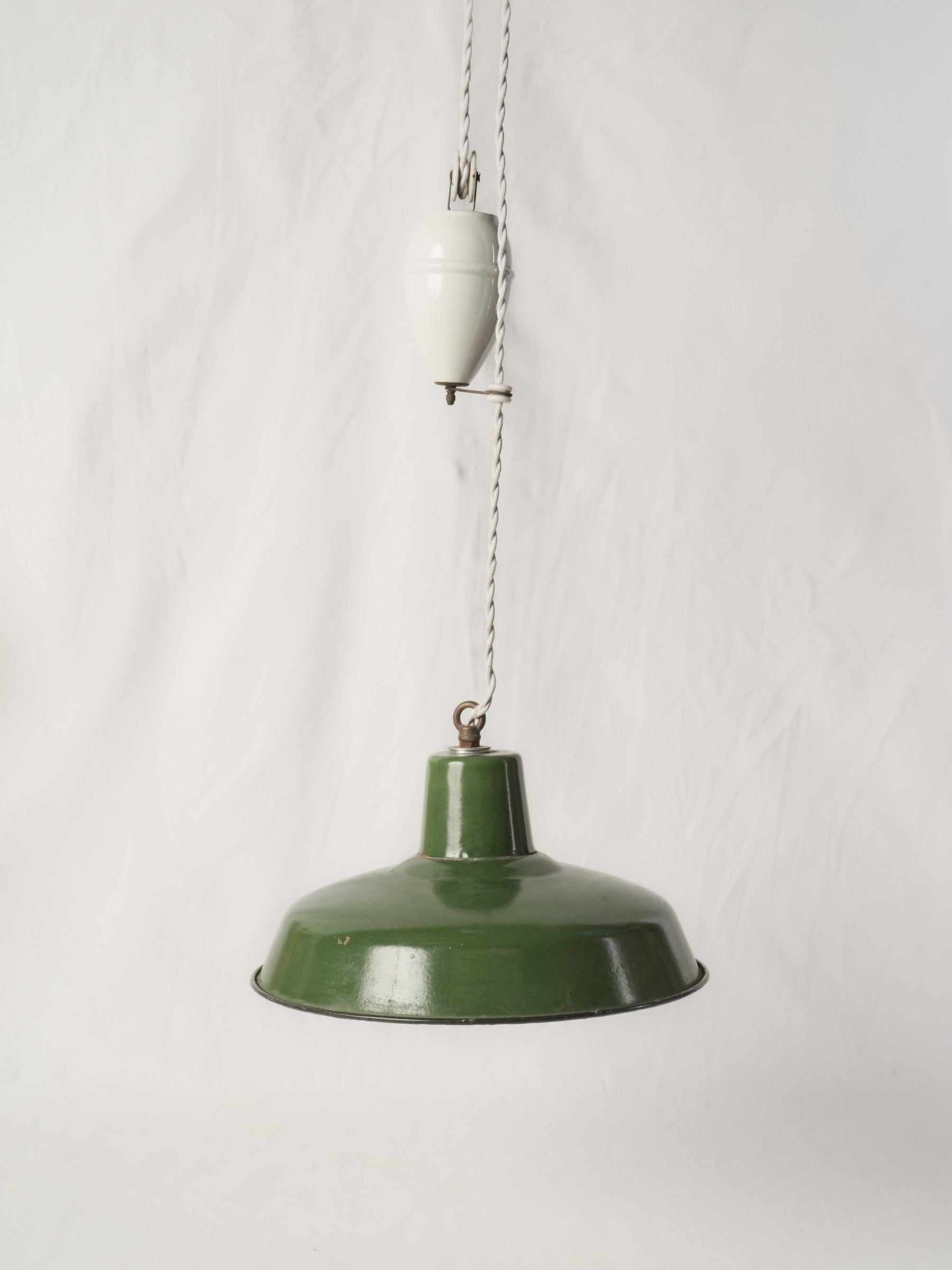 Antique French green enamel rise-and-fall pendant w/ ceramic counterweight