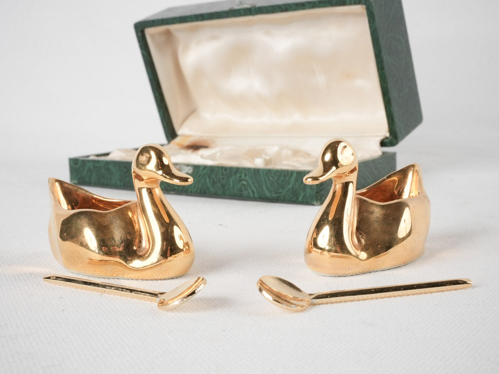 Salt & pepper cellars - gold swans w/ spoons