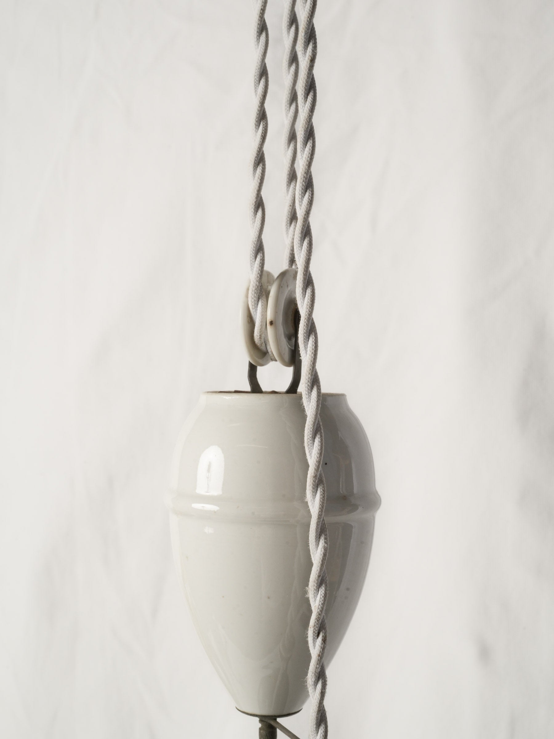 Antique French green enamel rise-and-fall pendant w/ ceramic counterweight
