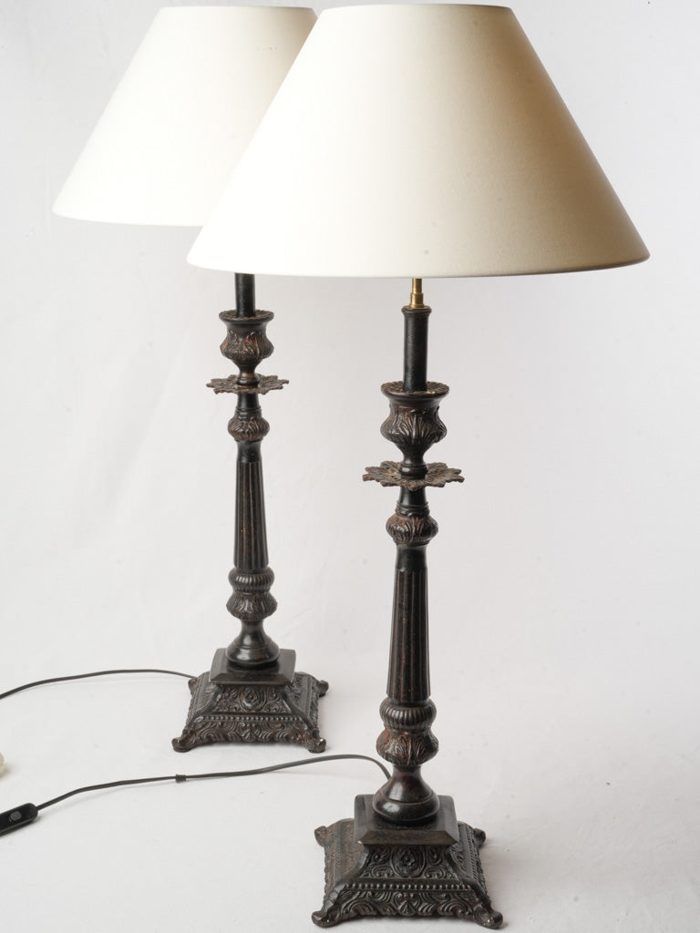 Pair of Tall French Cast Iron Lamps Converted from Candlesticks - 32¼"