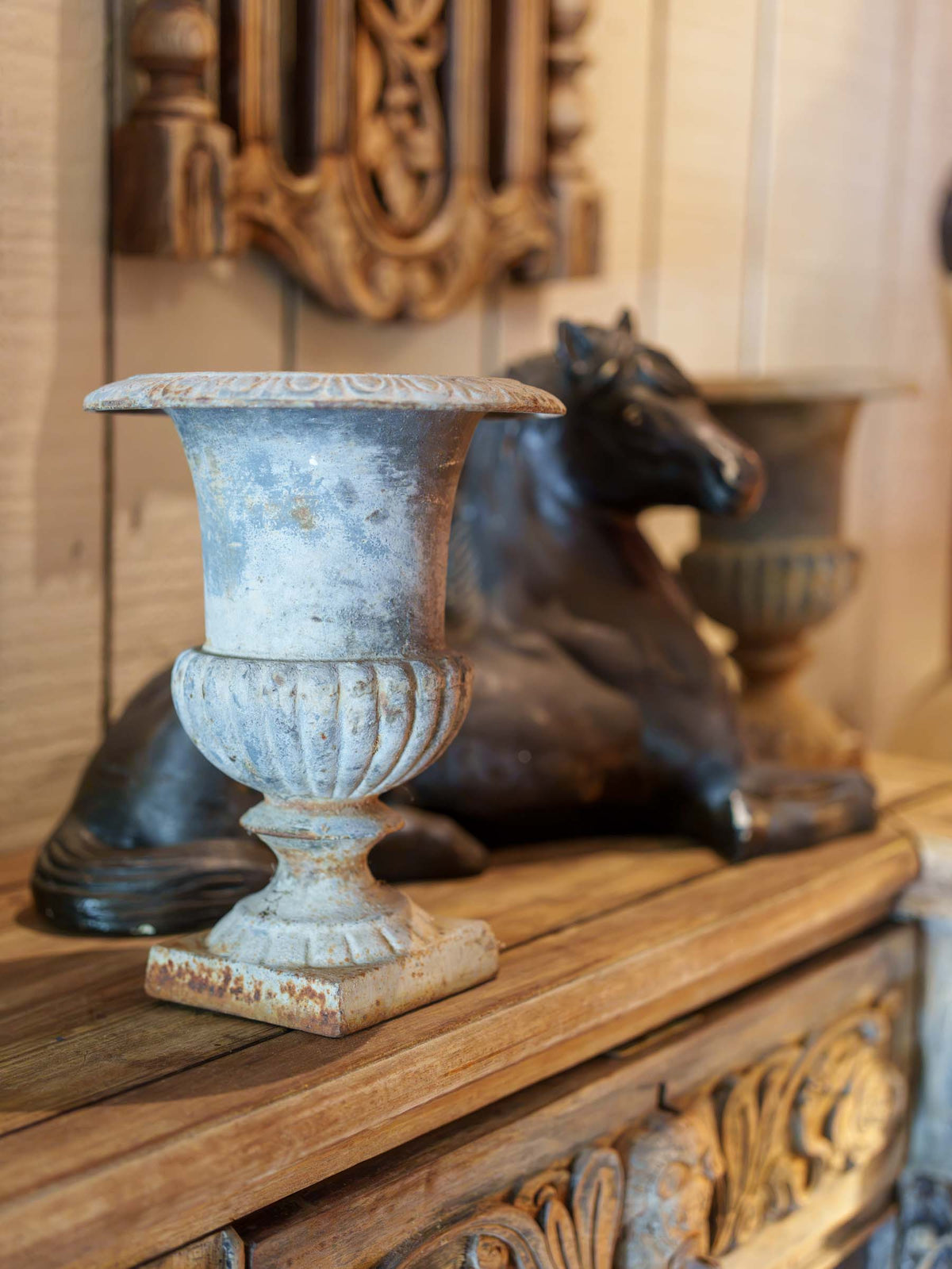 Pair of Petite Vintage Cast-Iron Medici Urn Planters - 9"