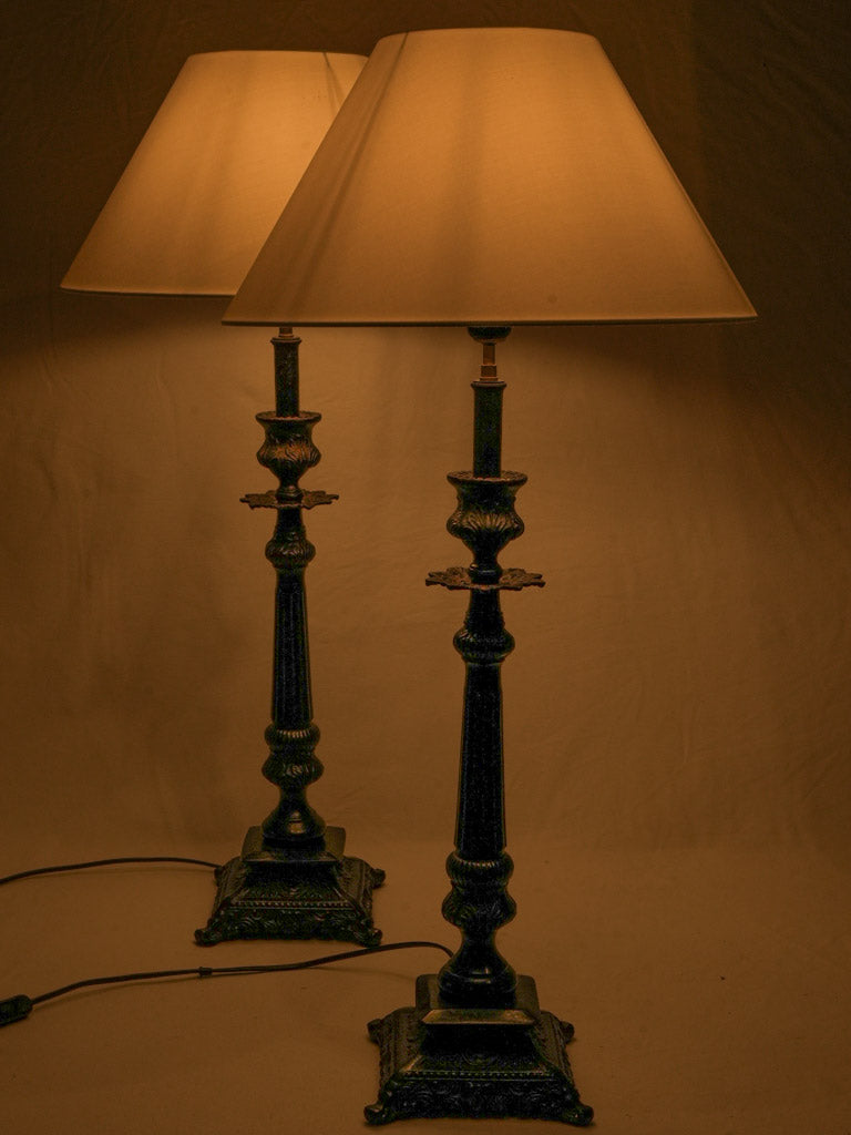 Pair of Tall French Cast Iron Lamps Converted from Candlesticks - 32¼"