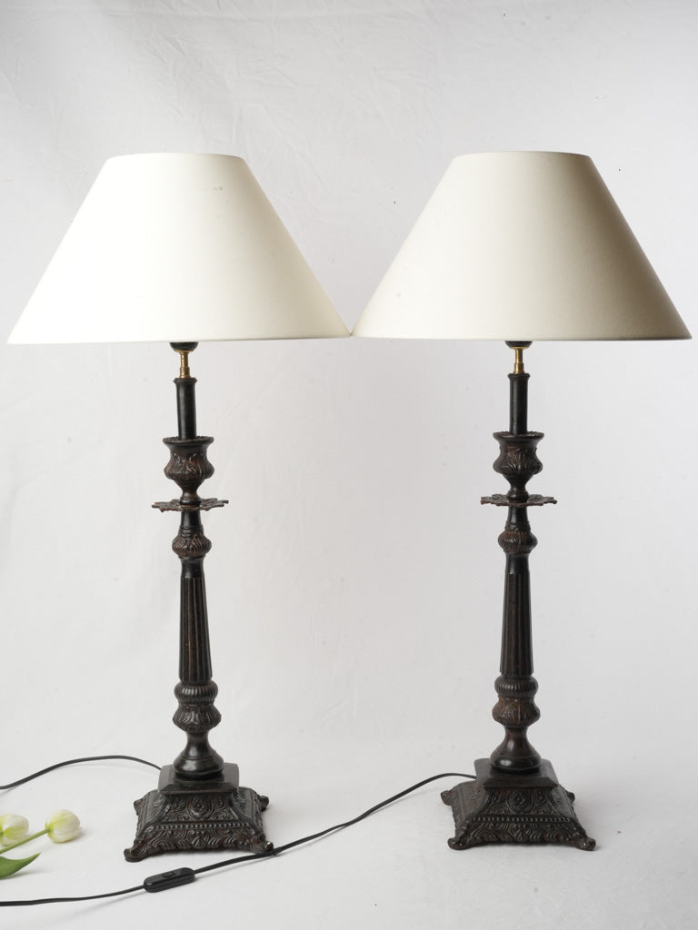 Pair of Tall French Cast Iron Lamps Converted from Candlesticks - 32¼"