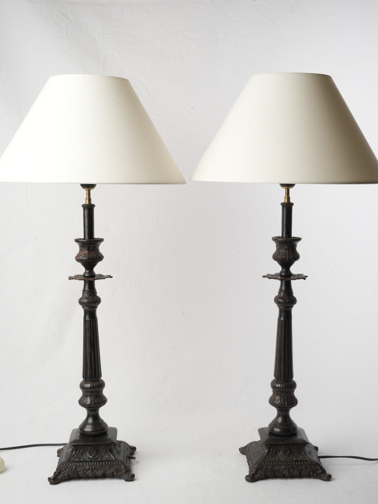 Pair of Tall French Cast Iron Lamps Converted from Candlesticks - 32¼"
