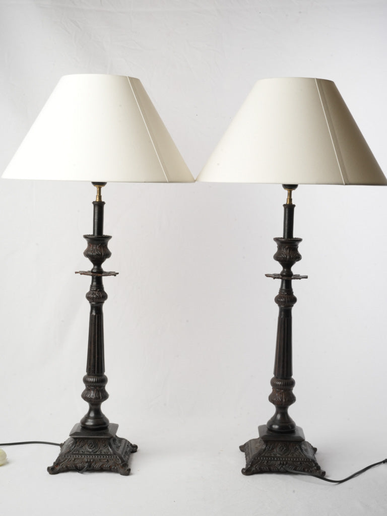 Pair of Tall French Cast Iron Lamps Converted from Candlesticks - 32¼"