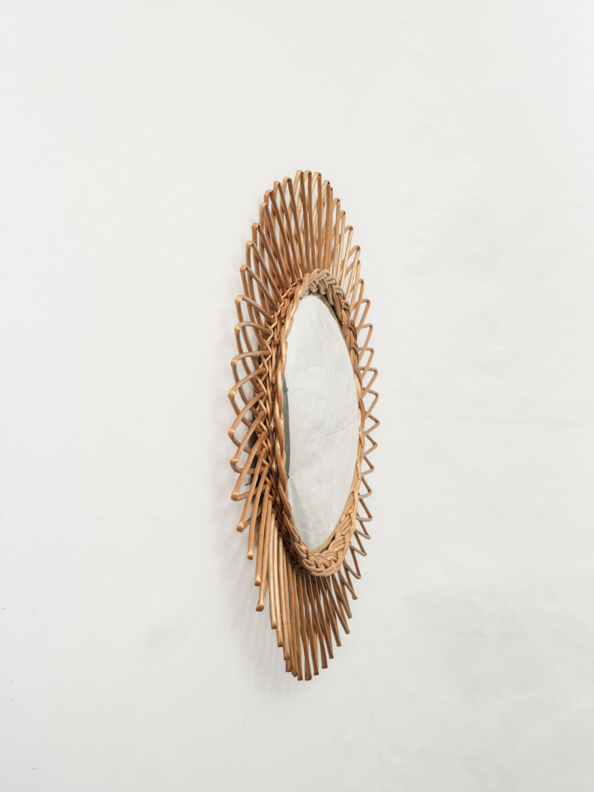 Vintage Hand-Woven Rattan Sunburst Mirror w/ Convex Glass - 17¾"