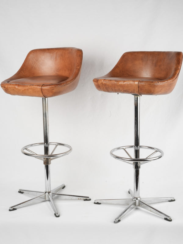 Two swivel 1970s French leather barstools - light brown 38¼"