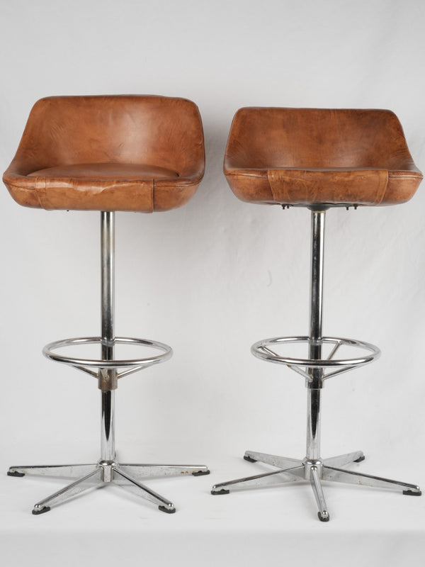 Two swivel 1970s French leather barstools - light brown 38¼"
