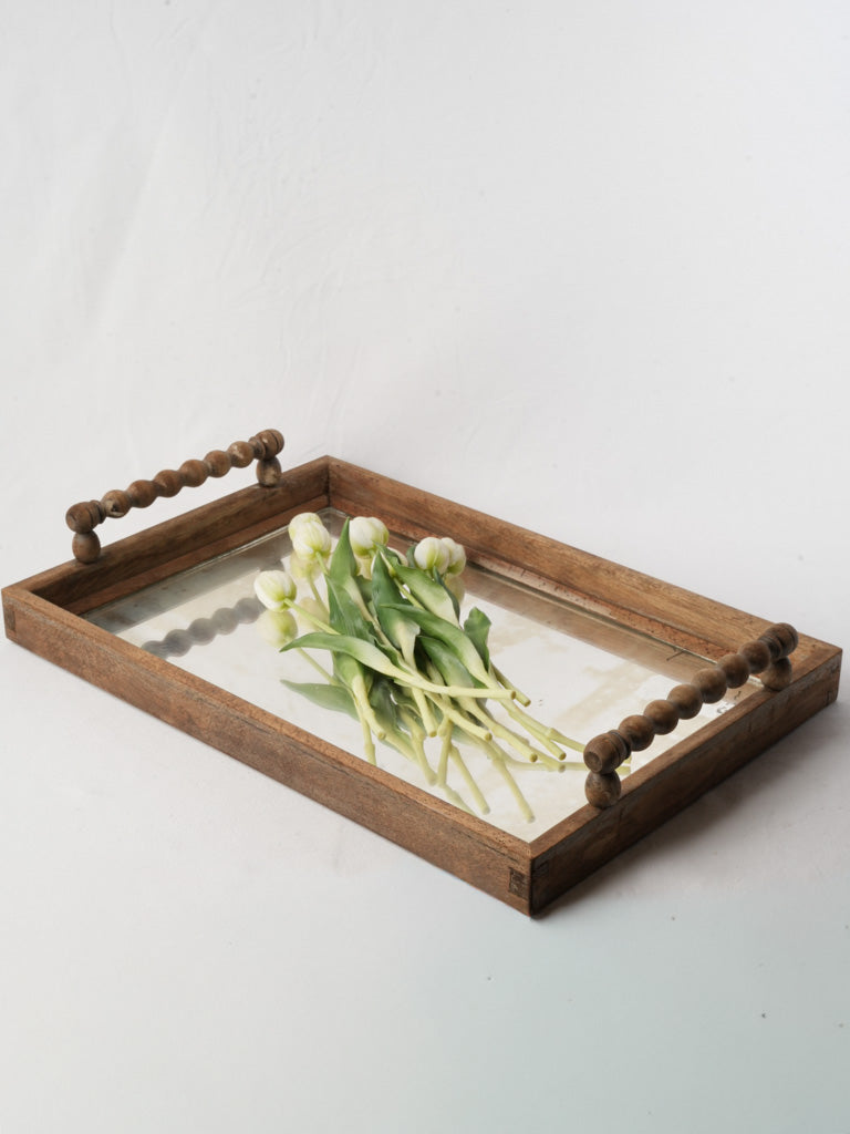 Decorative Rectangular Mirrored Tray w/ Bobbin-Turned Handles - 26"
