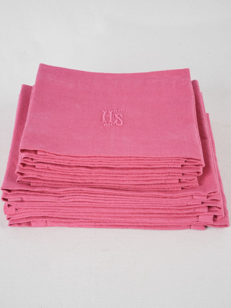 6 antique French monogrammed serviettes - hot pink