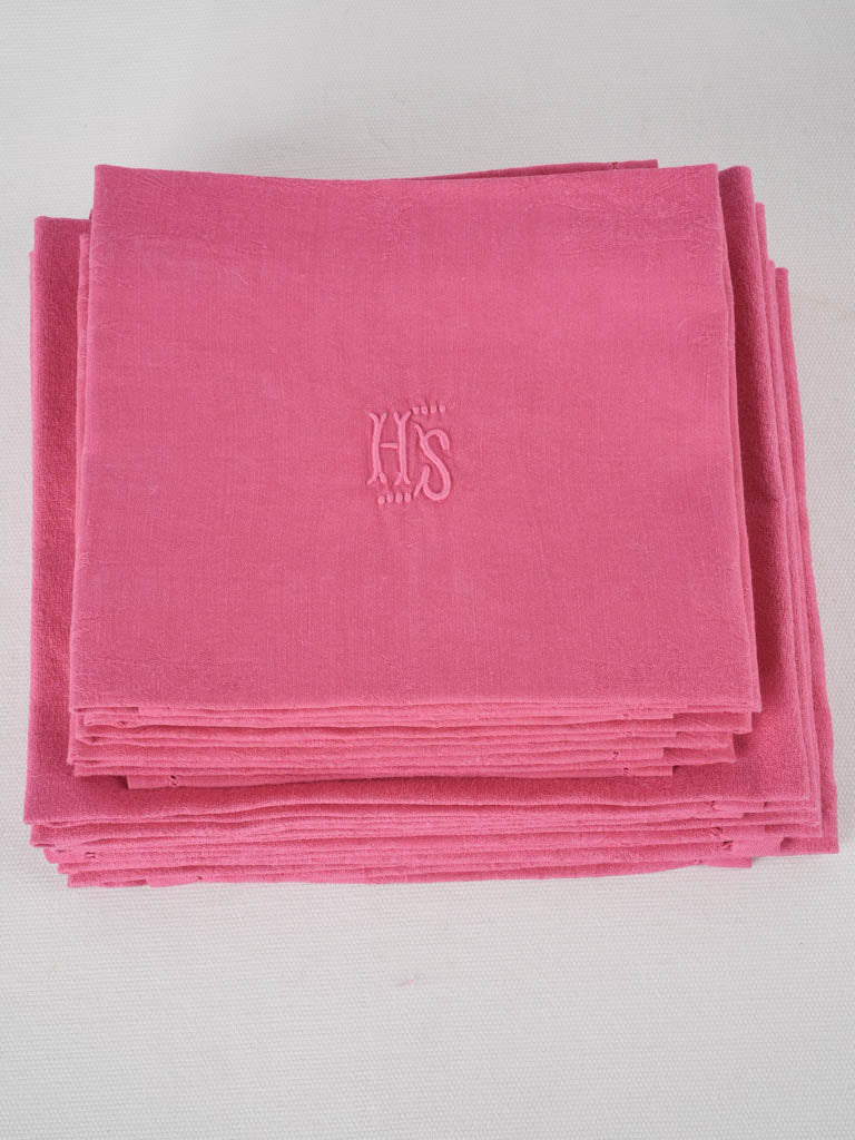 6 antique French monogrammed serviettes - hot pink