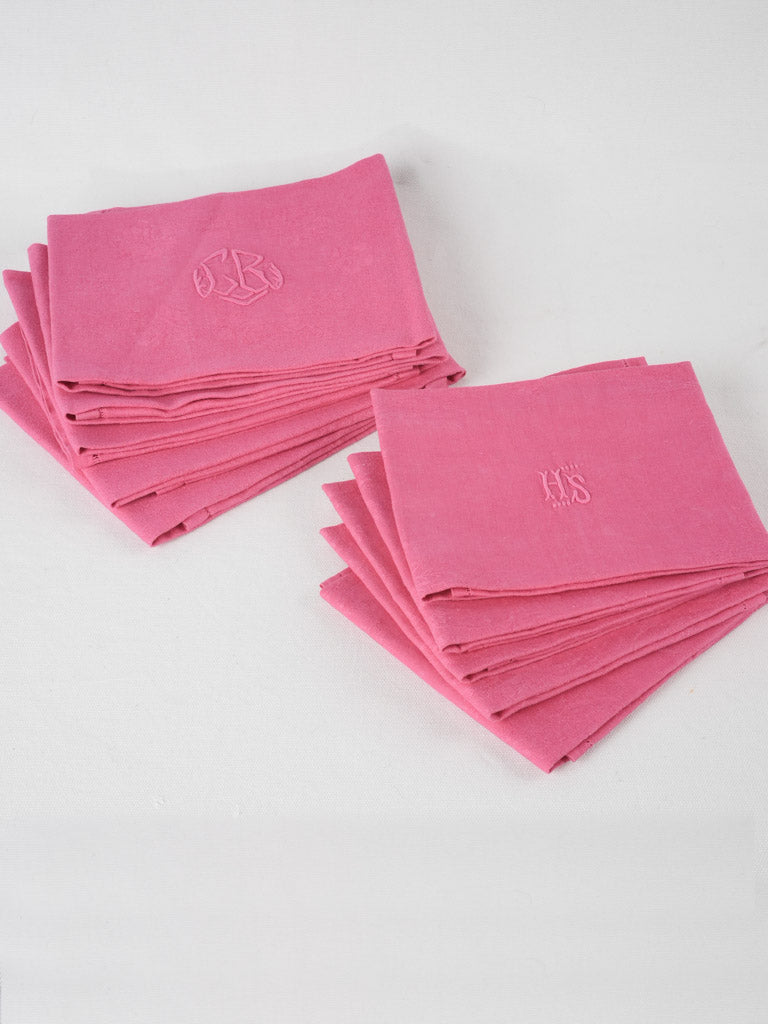 6 antique French monogrammed serviettes - hot pink