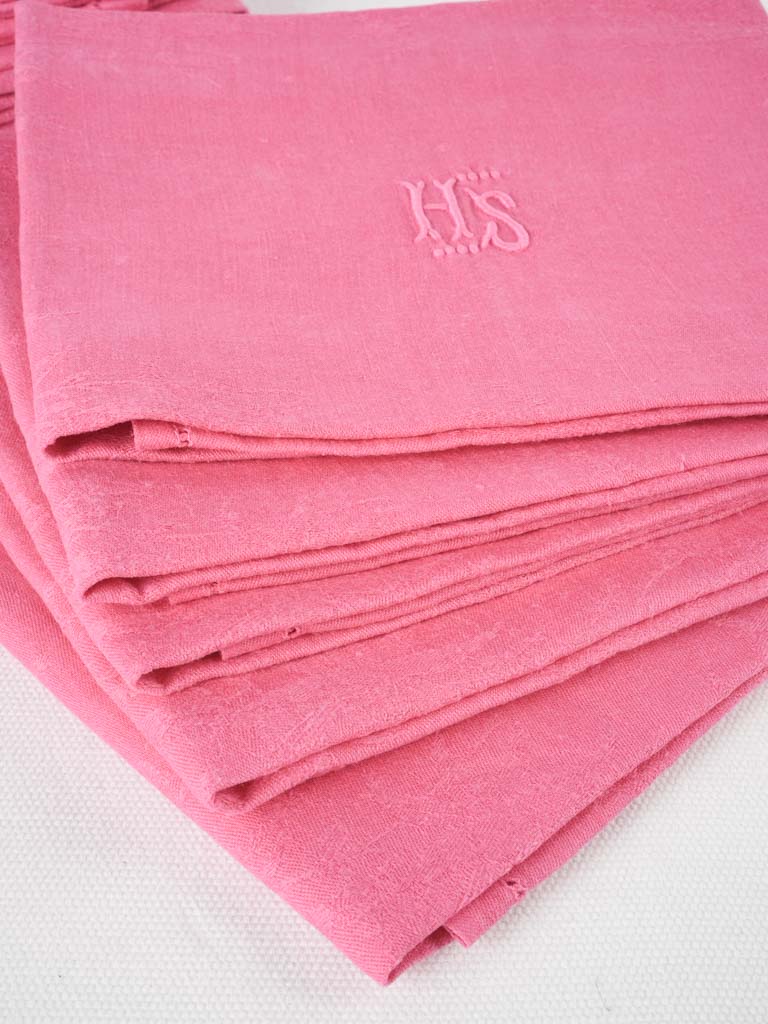6 antique French monogrammed serviettes - hot pink