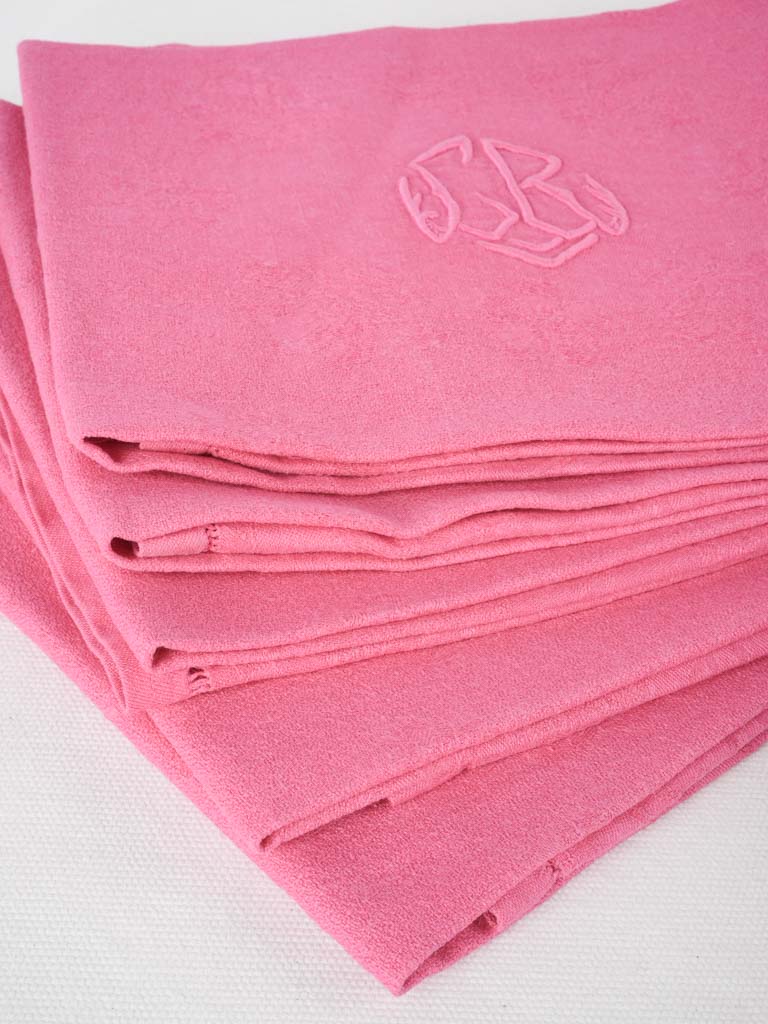 6 antique French monogrammed serviettes - hot pink