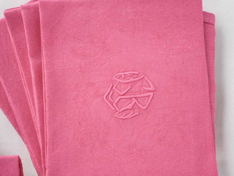 6 antique French monogrammed serviettes - hot pink