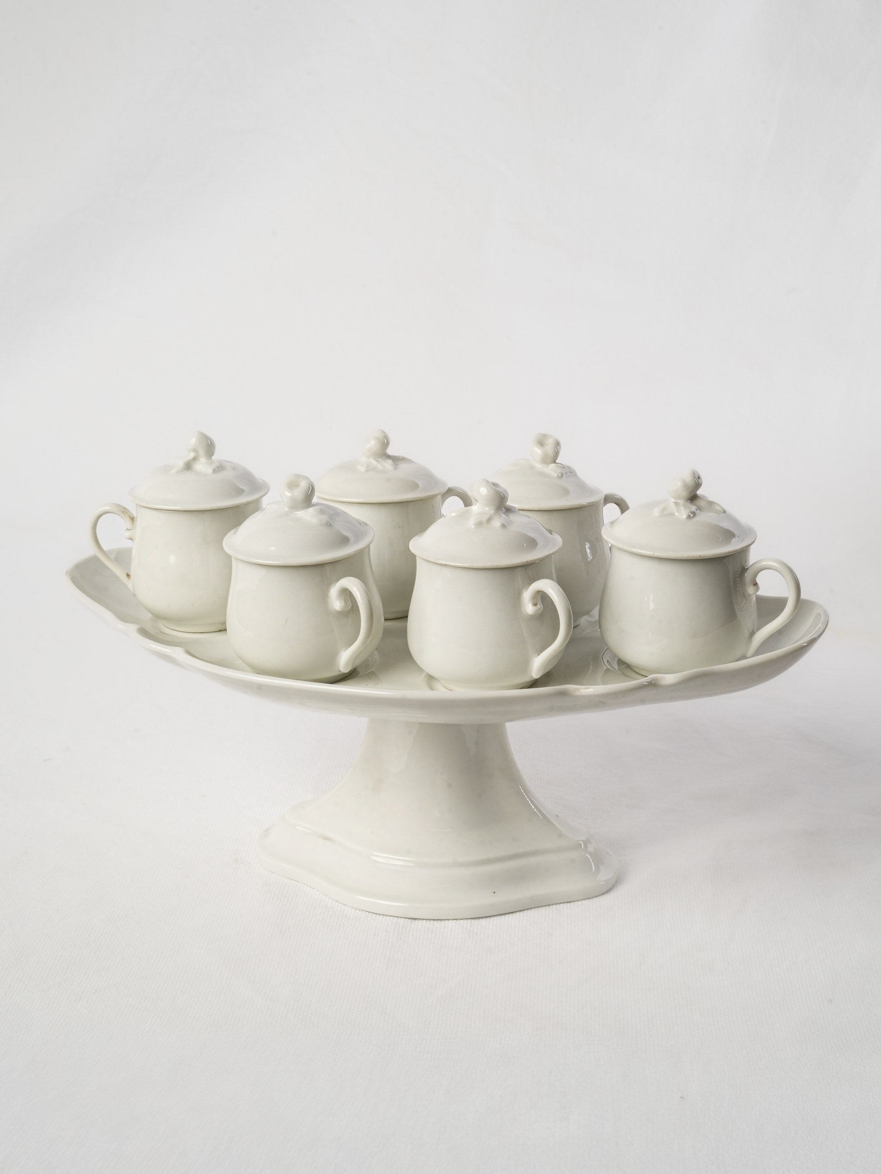 Set of 6 Antique French porcelain lidded pots à crème w/ stand